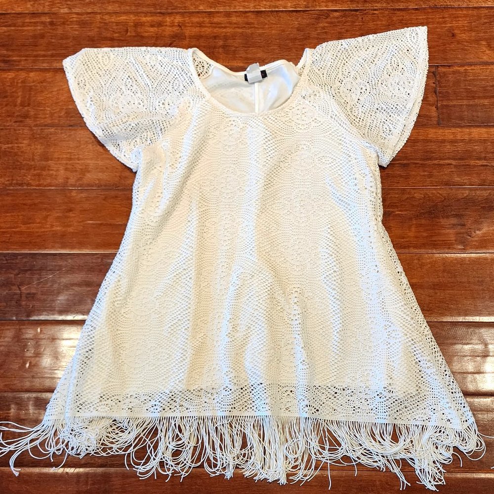 Cocomo Cream Off White Lace Overlay Fringe Lined Womens Dressy Blouse Top
